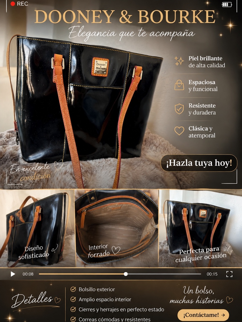 Dooney & Bourke Black Patent Tote with Brown Straps and Trim